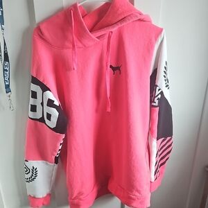 Pink Hoodie with Black and White Sleeve Accents